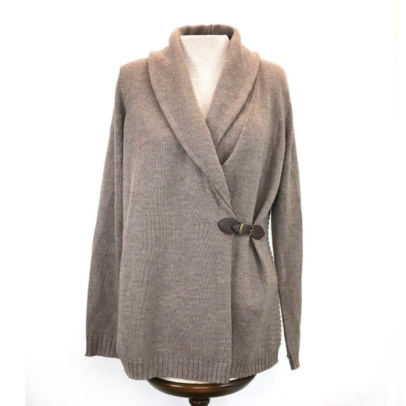 Cynthia Rowley Long Tan Merino Wool Wrap Sweater L - Picture 4 of 6